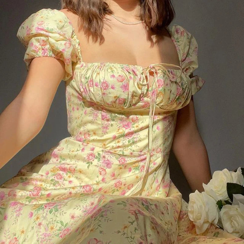 Vestido Estampado Floral: Estilo Casual BOHO, Detalhe Frontal em Laço, Vintage e Sofisticado para Ocasiões Especiais