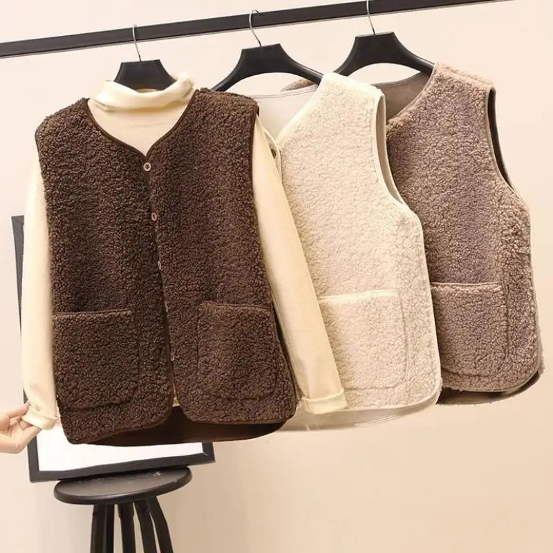 Vests New Spring Autumn Women Button Waistcoat Lamb Hair Winter Thermal Warm Thick Fleece Vests Sleeveless Jacket Ladies Coats